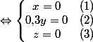\Leftrightarrow\left\{\begin{matrix}x=0&(1)\\0{,}3y=0&(2)\\z=0&(3)\end{matrix}\right.